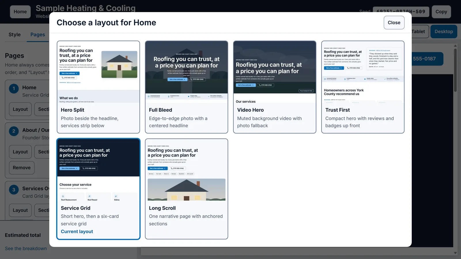 My website builder with the design choices for a home page open: six layouts side by side, each with a picture and a short description.