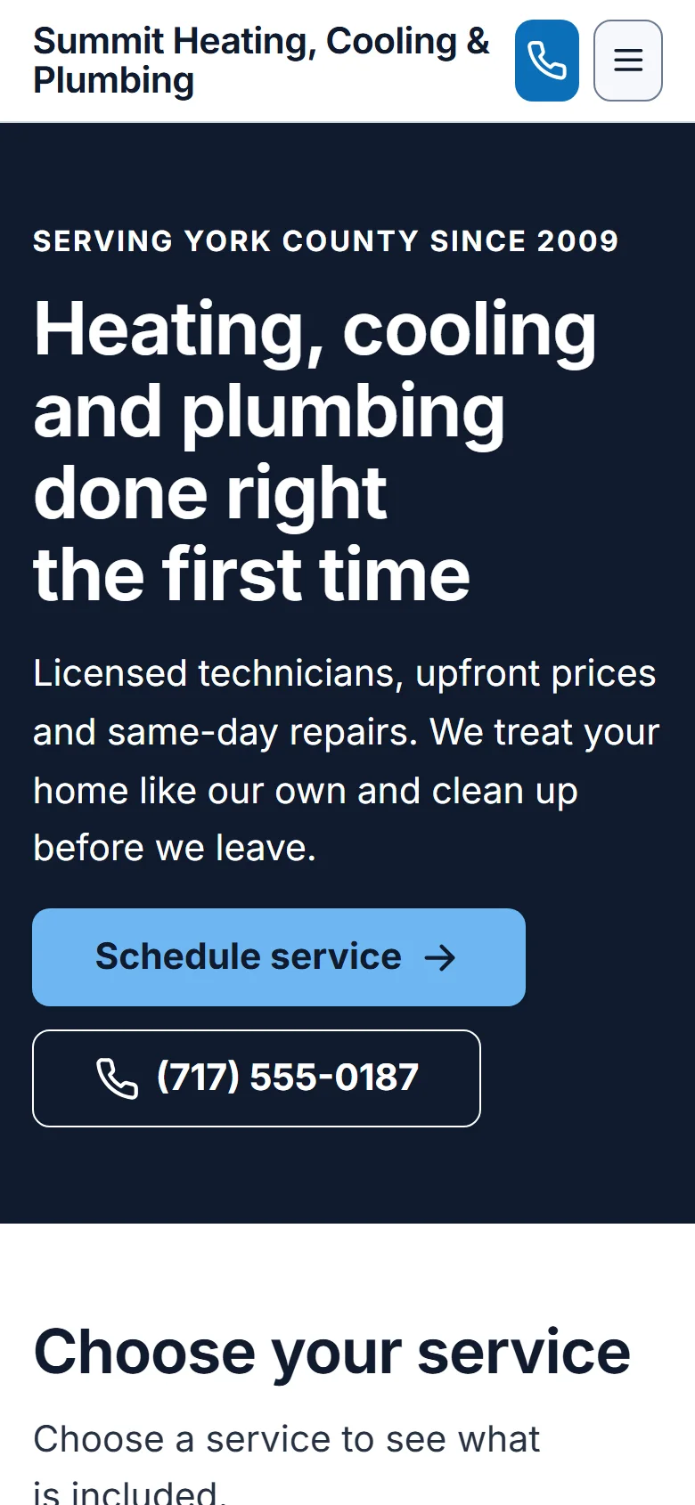 A demo heating and cooling company's home page on a phone: the headline, a Schedule service button and a call button.