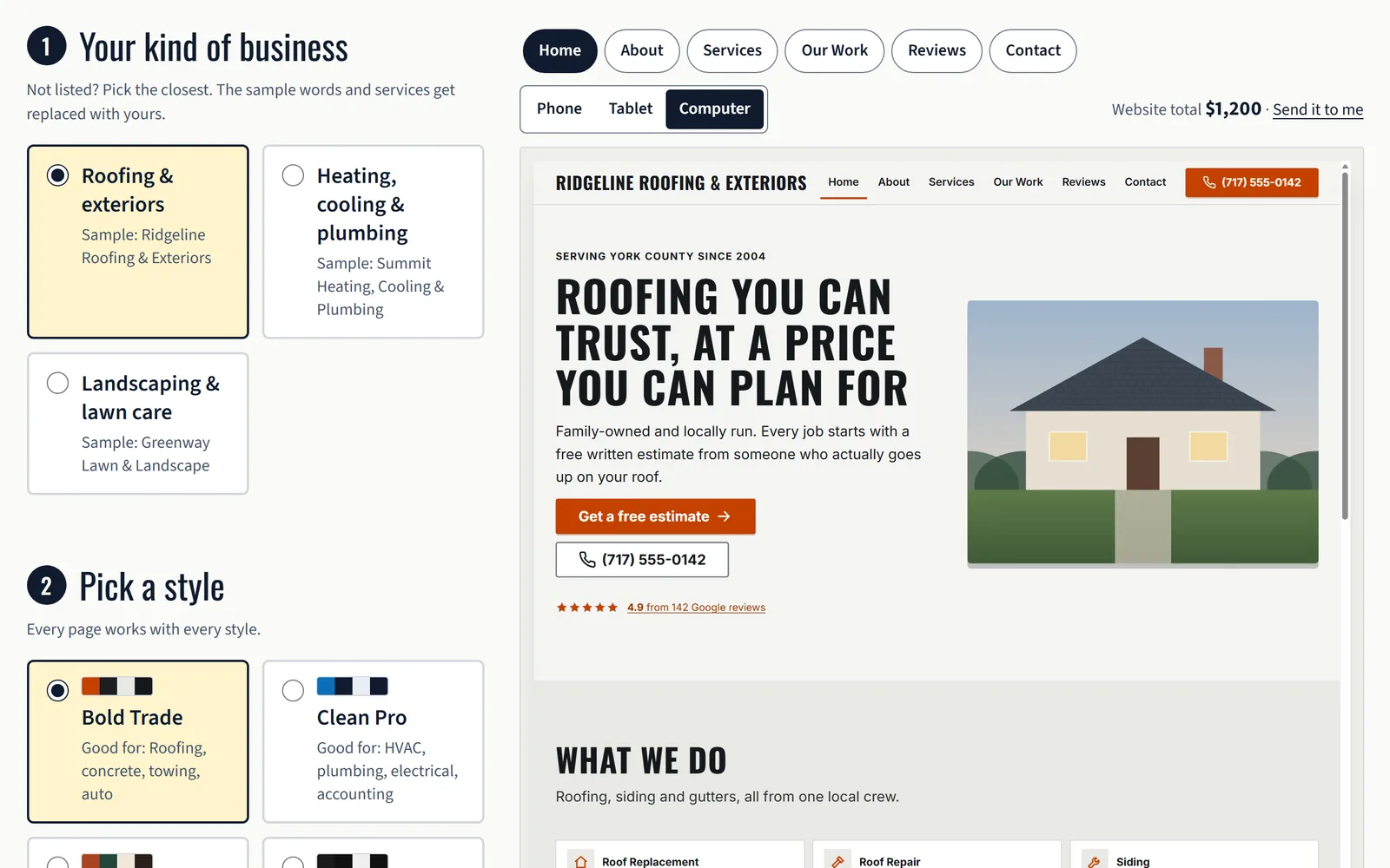 The Start now builder: business type and style choices on the left, a live preview of a sample roofing company's website on the right, with the website total of $1,200.